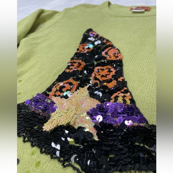 Peek A Boo Halloween Sequin Witches Hat Lime Green Pullover Sweater Women’s S - Picture 14 of 16